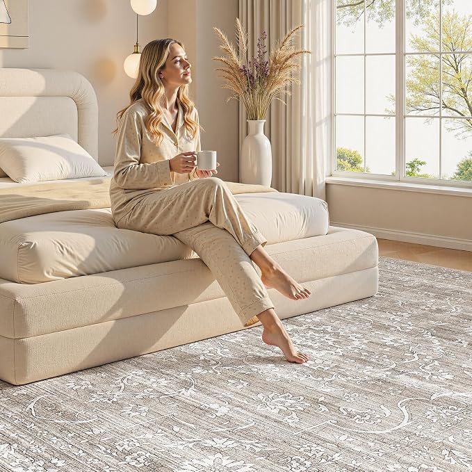 Nakagishi 10x14 Area Rugs Living Room: Washable Large Vintage Rug Neutral Non-Slip Soft Stain Resistant Indoor Carpet for Bedroom Nursery Dining Room Office Playroom - Light Brown