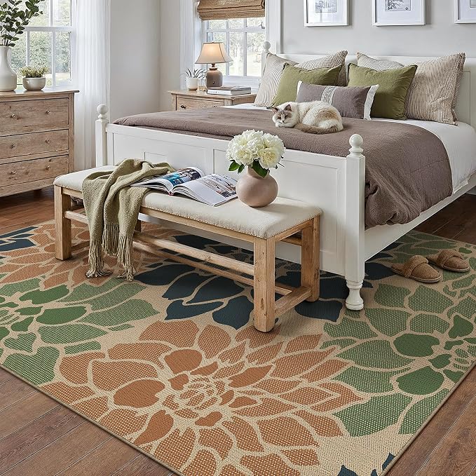 PureCozy 8x10 Easy Jute Outdoor Rug Navy/Organge Floral Textured Indoor Outdoor Area Rug Farmhouse Patio Carpet for Backyard, Patio, Porch, Easy-Cleaning, High Traffic, Pet-Friendly, Non-Shedding