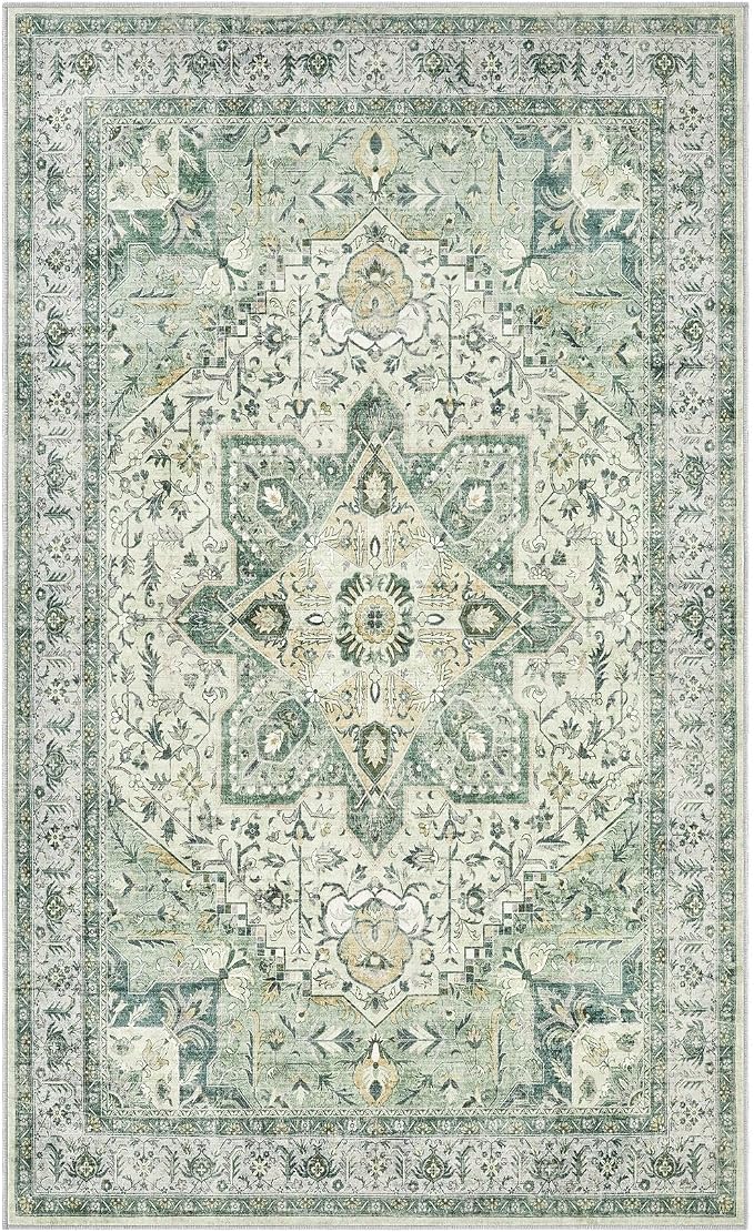 Tortania Area Rug Living Room Rugs - 3x5 Washable Rug Vintage Oriental Distressed Farmhouse Small Thin Indoor Carpet for Living Room Bedroom Under Dining Table Home Office - Green