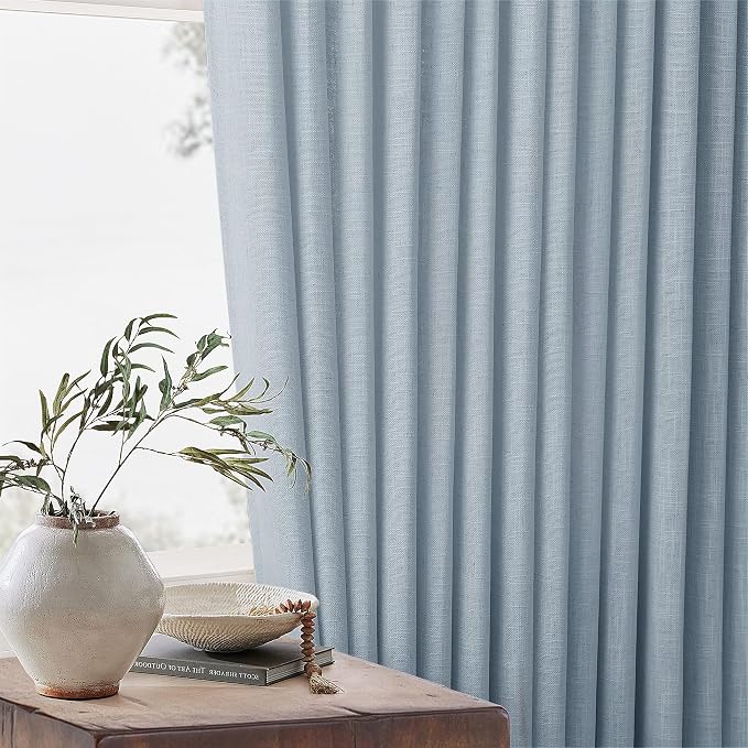 Dusty Blue Pinch Pleated Linen Semi Sheer Curtains 45 Inch Length 2 Panels | for Kitchen Small Bay Window Basement, Pinch Pleated with Hooks Rings Back Tab, Memory Shape, Thick Linen Semi Sheer, W40xL45