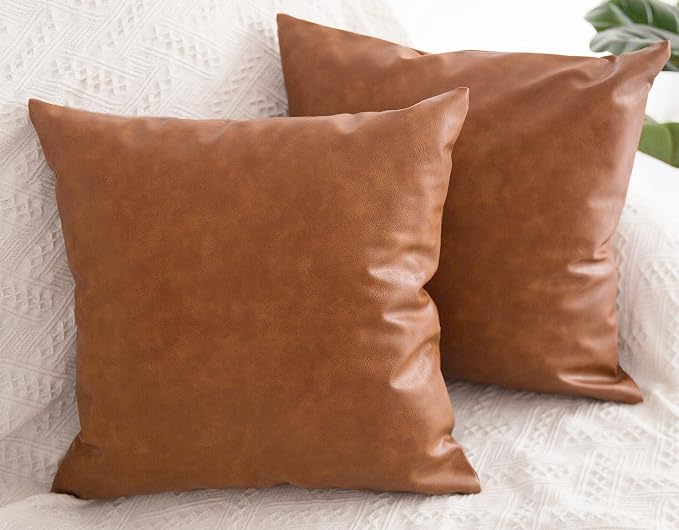 Faux Leather Throw Pillow Covers 24x24 inch, Set of 2 Thick Cognac Brown Big Extra Large Modern Solid Decorative Square Minimalist Cushion Cases for Couch Bed Sofa