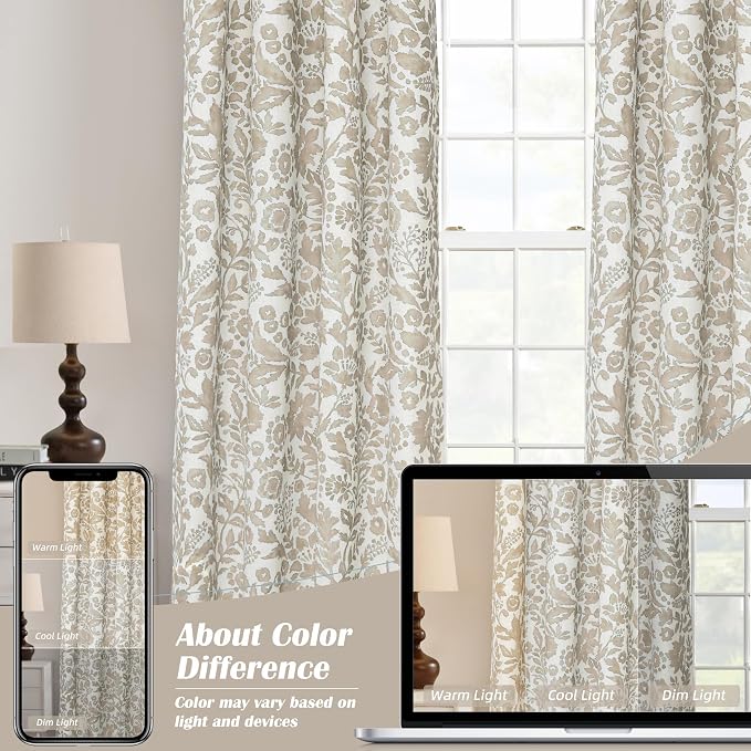 DriftAway Julia 100% Blackout Curtains Grommet 2 Panels, W52xL96, Beige | Floral Curtains, Bedroom, Living Room, Linen Blend, Watercolor Pattern, 2 Layers, Thermal Insulated, Window Treatment