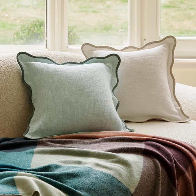 Double Stitch Scalloped Throw Pillow Covers - 100% Cotton Set of 2 Decorative Boho Pillow Covers 20 x 20, Made in India, Square Cushion Case, Modern Home Decor for Couch Sofa Living Room, Aqua Mint