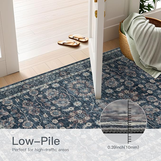 6x9 Vintage Washable Area Rug Blue | Living Room,Low Pile Non Slip Carpet Non-Shedding Soft Indoor Stain Resistant Rug Floral Print Mat for Bedroom Dining Room