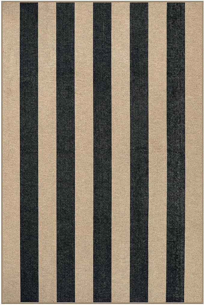 Lahome Striped Easy Jute Dining Room Rug, 6x9 Outdoor Area Rugs Washable | Porch Patio Living Room Rug Black, Modern Farmhouse Neutral Non Slip Low Pile Indoor Carpet for Bedroom Office Backyard