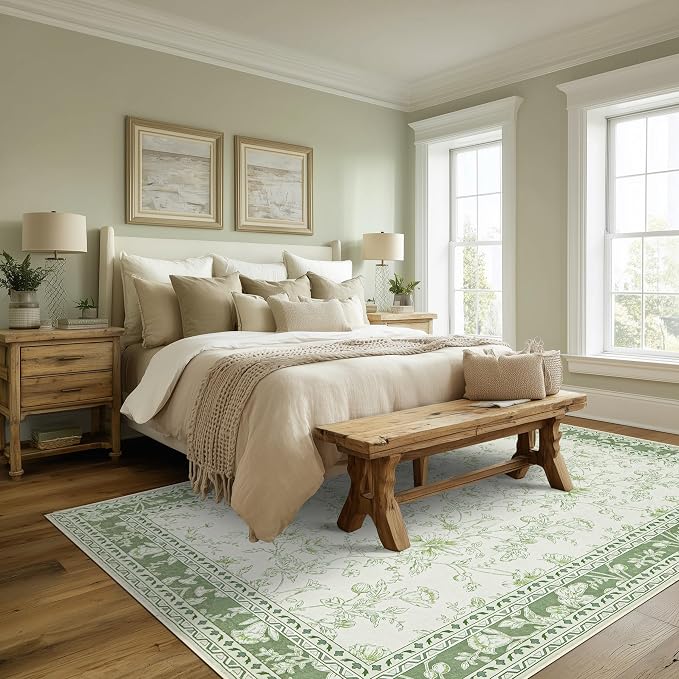 BILEEHOME Floral Area Rug for Bedroom 5x8 Sage Green and Cream Beige Vintage Boho Floral Sketch Style, Washable Low Pile Non Slip Area Rugs for Nursery Living Dining Room, Cozy Aesthetic Home Decor