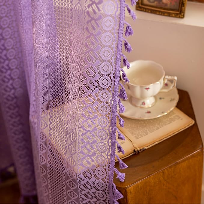 Sutuo Home Lavendar Boho Lace Curtains 96 inches 2 Panels Long for Living Room Dining Room, Semi Sheer Curtains Farmhouse Privacy Crochet Vintage Tassels Rustic Bohemian Style Rod Pocket Decor, 50" W