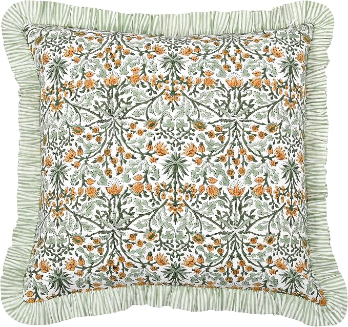Ridhi Block Print Goldenrod Yellow Throw Pillow Cover 18" x 18" (Pack of 2) Decorative Cushion Covers with Ruffle for Couch, Sofa, Bed, Living Room, Home Decor Gift for Spring, Easter, Valentine