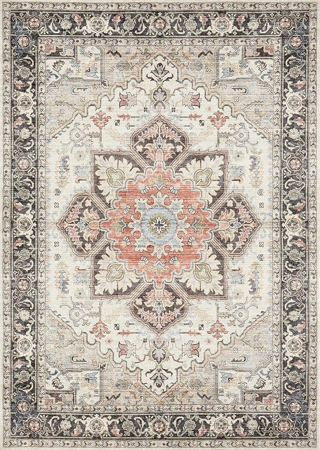 Area Rug for Living Room - 8x10 Soft Machine Washable Oriental Vintage Floral Distressed Large Indoor Floor Carpet for Bedroom Under Dining Table Home Office Decor - Multi Cream