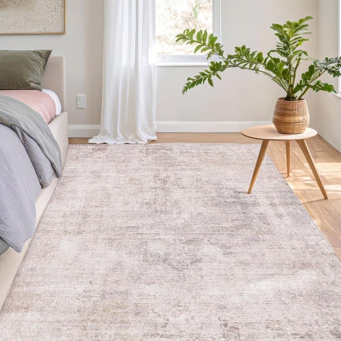 Hazo Haus Modern Washable Bedroom Area Rug 5x8, Abstract Rugs for Living Room, Dining Room, Kids Room Girls, Pink and Grey Distressed Medallion Pattern, Non Slip Low Pile Stain Resistent