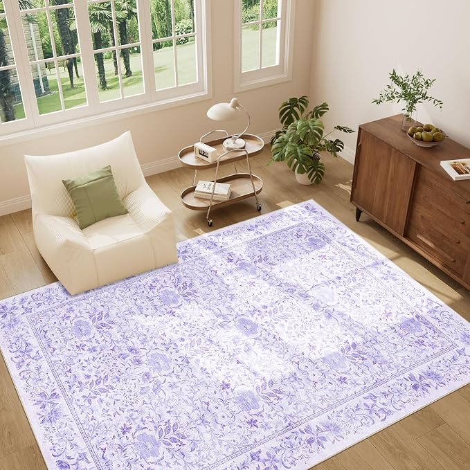 DUKINO 5x7 Area Rugs, Vintage Floral Washable Rug for Living Room, Purple | Non Slip, Low Pile, Soft, Lightweight, Boho Indoor Carpet for Bedroom, Office, Dining Room, Dorm Room, Farmhouse, Home Decor