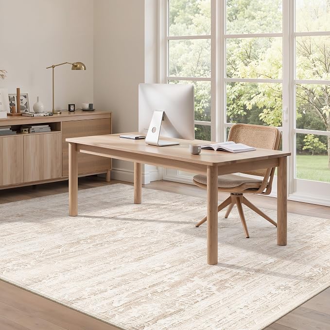 Soalmost 6x9 Area Rugs for Living Room, Washable Neutral Rug Beige Ivory | Vintage Floral Soft Stain Resistant Non-Slip Low Pile Thin Carpet for Dining Room Bedroom Kitchen Home Office Nursery 6'x9'