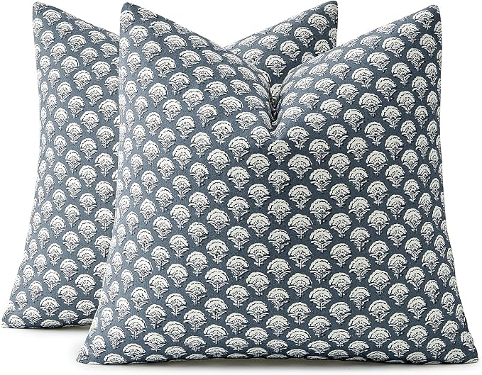 MIULEE Set of 2 Decorative Floral Pillow Covers Neutral Vintage Throw Pillows Block Print Boho Farmhouse Cushion Covers for Modern Spring Home Decor Couch Sofa Bed Living Room, 22x22 Inch, Dusty Blue