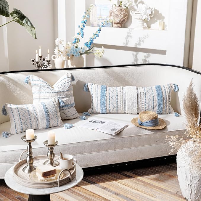 BlissBlush 20X20 Throw Pillow Cover, Coastal Blue Square Decorative Cushion Cover, Boho Accent Pillowcase with Tassels for Couch Sofa Living Room (Cover Only)