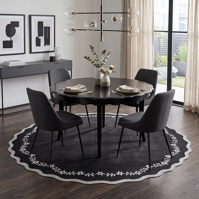 GarveeHome Round Rugs 6ft Scalloped Washable Circle Rug for Dining Room | Soft Black Non Slip Floral Print Floor Mat Carpet Indoor Thin Tent Rug for Kids Bedroom Playroom Nursery Entryway