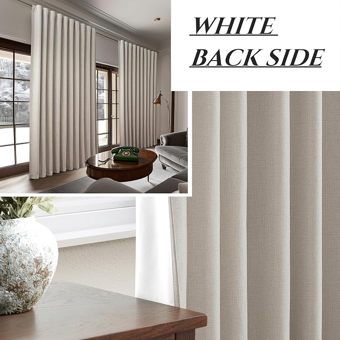Extra Wide 100 Inch Blackout Curtains 96 Inches Long for Living Room, Rustic Boho Room Darkening Textured Linen Pleated Dining Room Office Insulated Ceiling Track Window Drapes 100"W x 96"L 2 Panels