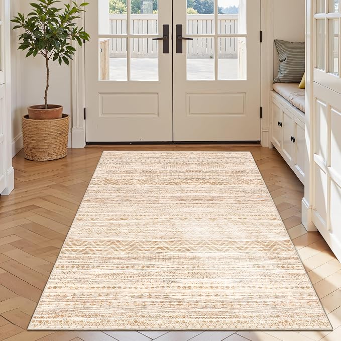 3x5 Washable Rug Moroccan Small Entryway Rug Non Slip Indoor Floor Carpet Foldable Thin Rugs for Kitchen Bedroom with Low Pile(Beige,3'x5')