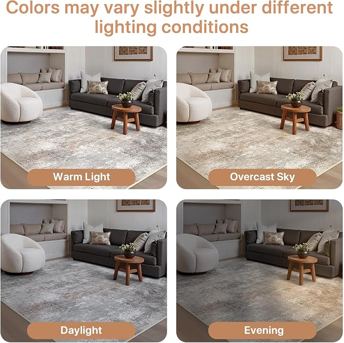 GENIMO Washable 5x7 Area Rugs for Living Room, Non Slip Modern Abstract Rug, Machine Washable Stain Resistant Low Pile Soft Carpet for Bedroom, Dining, Office, Light Grey Brown