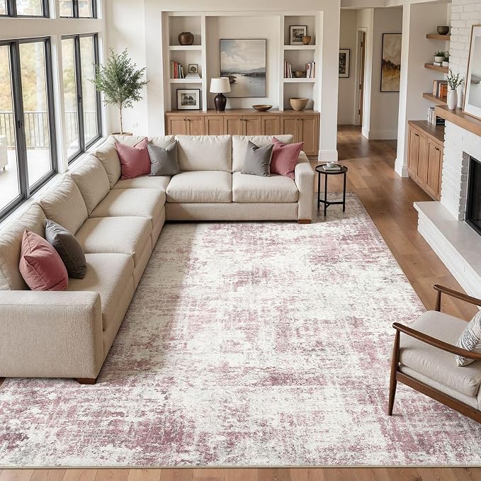 Washable 6x9 Area Rug for Living Room - Modern Abstract Carpet with Non-Slip Backing, Low Pile & Soft, Stain Resistant, Kid & Pet Friendly Decor for Bedroom & Dining Room - Pink