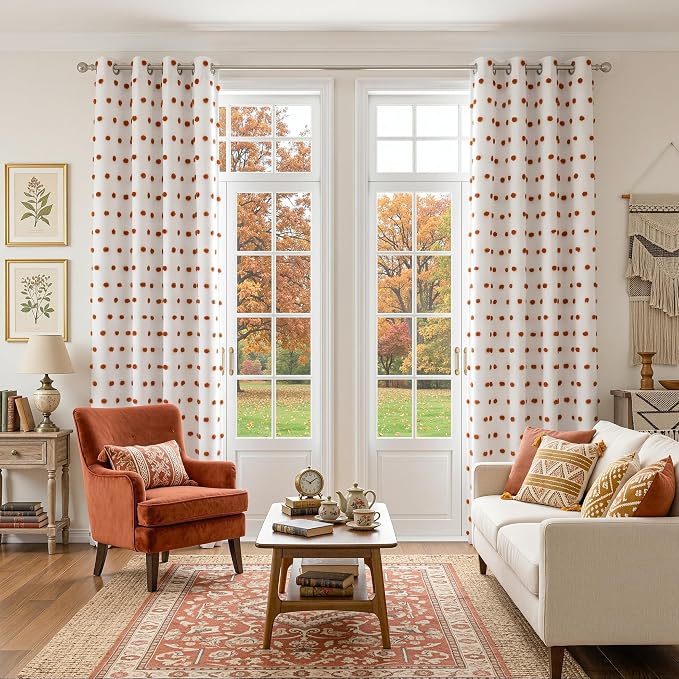 MYSKY HOME Boho Blackout Curtains 84 Inches Long for Bedroom 100% Room Darkening Curtain for Living Room Grommet Thermal Insulated Window Drapes with Terracotta Pom Pom Sheer 52W x 84L, 2 Panels