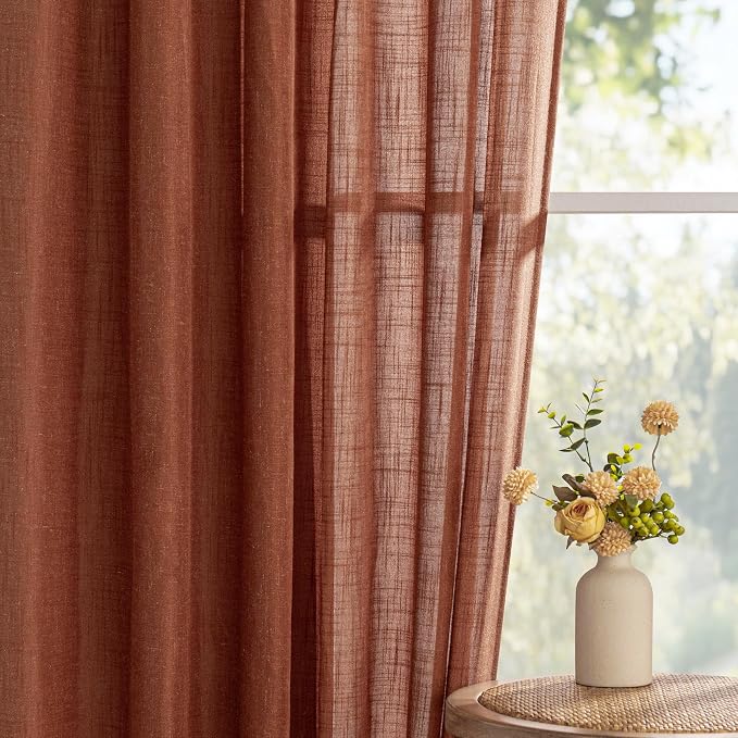 MYSKY HOME 90 Inches Long Curtains for Living Room Light Filtering Semi Sheer Curtains Bedroom Window Drapes Privacy Back Tab Farmhouse Rustic Boho Modern Country, Terracotta, 50" x 90", 2 Panels