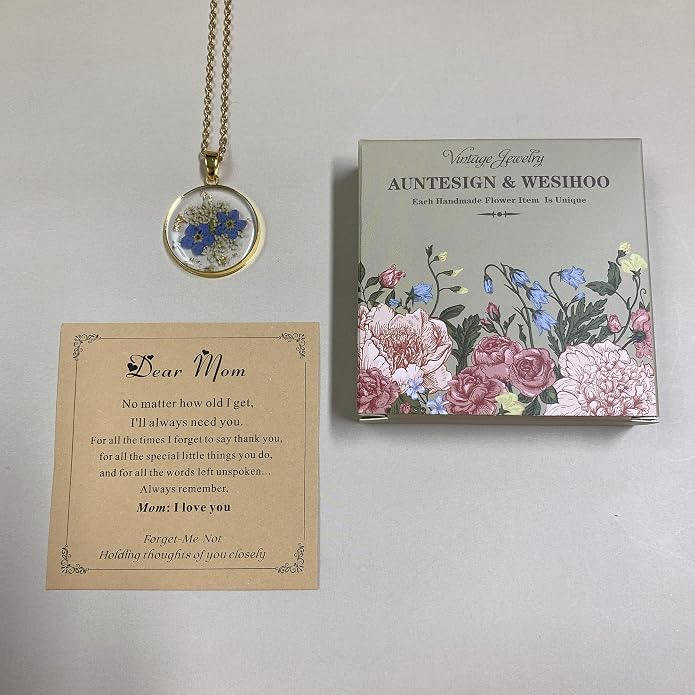 AUNTESIGN Forget-Me-Not and Queen Anne's Lace Pressed Wildflower Necklace | Birth Month Flowers Necklace | Gold/Silver Pressed Flower Jewelry | Mother's Day | Gift For Her