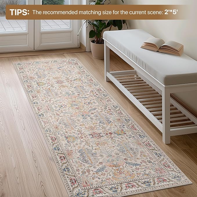 Bavni Runner Rug, Machine Washable Rugs for Bedroom 2x5, Non Slip Boho Rugs with Rubber Backing, Ultra-Thin Folable Rug Runner for Hallways Bathroom, Retro Multi