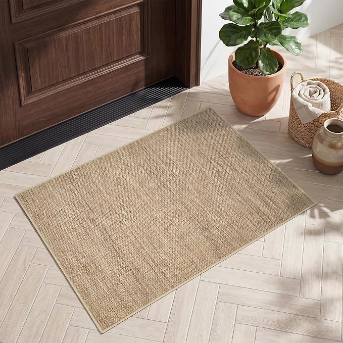 GarveeHome 2x3 Small Easy Jute Area Rugs Washable Modern Solid Bedroom Rugs | Indoor Non Slip Living Room Throw Carpet Stain Resistant Neutral Door Mat for Entryway Nursery Kitchen Dorm Kids Room, Tan