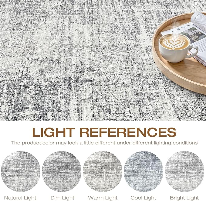5ft Round Rug Living Room: 5x5 Washable Large Neutral Grey Circle Area Rug Abstract Soft Modern Stain Resistant Indoor Floor Non-Slip Carpet for Bedroom Nursery Kids Office Playroom Dining Room