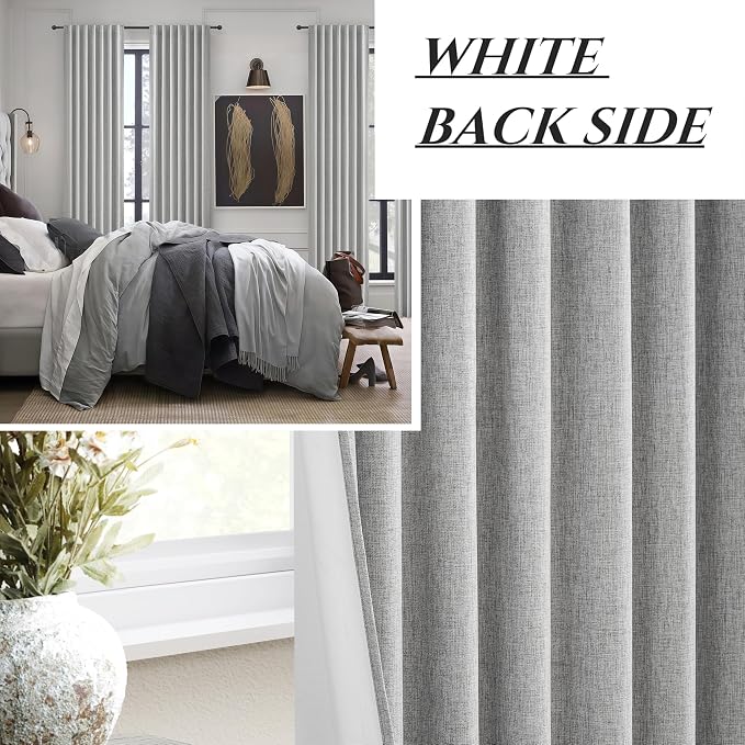 Gray 105 Inch Extra Long Blackout Curtains for Bedroom 2 Panels Set, Boho Room Darkening Pleated Flax Linen Blend Window Curtain 105 Inches Long with Hooks for Patio Sliding Door Burg(50"Wx105"L)