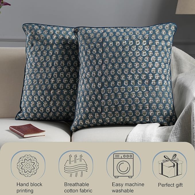 Ridhi Block Print Peacock Blue Pillow Cover 20" x 20" (Pack of 2) Decorative Couch Pillows for Living Room, Farmhouse Chic Boho Cute Outdoor Pillows Covers Gifts for Spring, Mother's Day