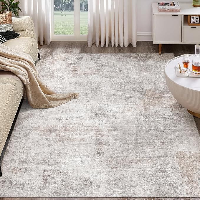Abstract 9x12 Area Rug: Machine Washable Non Slip Ultra Thin Low-Pile Carpet, Soft Stain Resistant for Living Dining Room Bedroom, Kid Pet Friendly, Robot Vacuum Compatible - Brown Grey