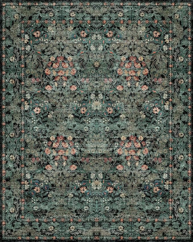 Boho Dark Green Floral Area Rug 8x10 for Living Room, Washable Farmhouse Moody Rug for Bedroom, Dining Room Under Table, Cottage Core Distressed Low Pile Non Slip Carpet, Soft Large Mat