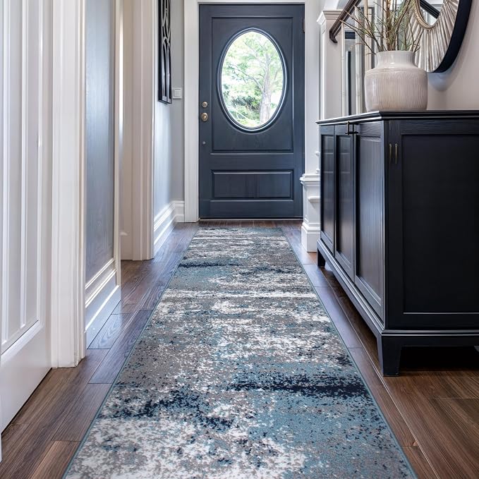 Rugshop Watercolor Distressed Modern Bohemian Runner Rug Blue 2'7" x 10'