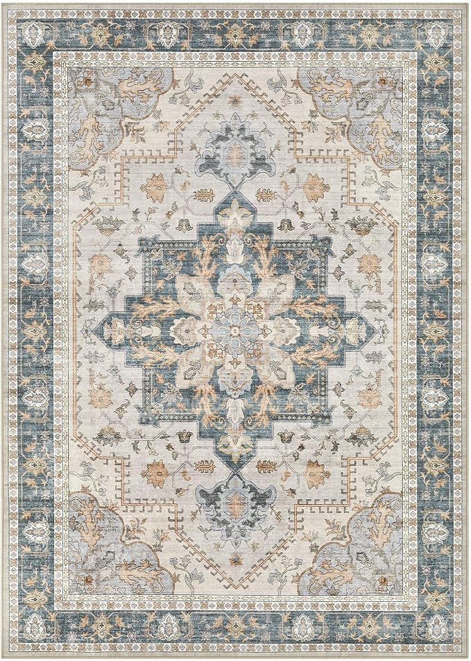 Tortania Area Rug Living Room Rugs - 8x10 Washable Boho Rug Vintage Oriental Distressed Farmhouse Large Thin Indoor Carpet for Living Room Bedroom Under Dining Table Home Office - TealTaupe