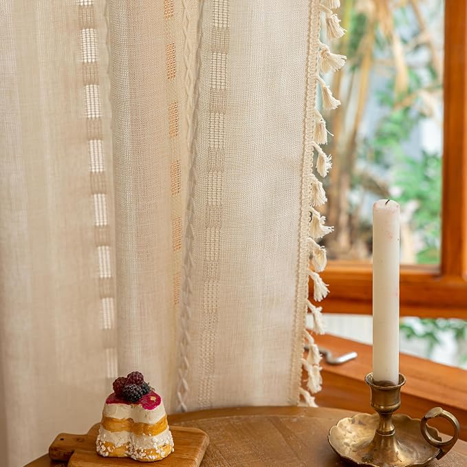 Natural Boho Sheer Curtains 72 inches long 2 Panels for Bedroom, Light filtering Semi Sheer Bohemian French Country Privacy Tassels Vintage Chic Embroidery Stripes Window Curtains Back Tab, 50" W