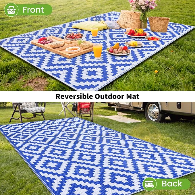 Smiry Waterproof Outdoor Rug 10X14 ft, Reversible Plastic Straw Patio Camping Rugs, Outdoor Indoor RV Mat Carpet for Patio, Outside Entry, Backyard, Deck, Bench, Picnic, Camper, White & Blue