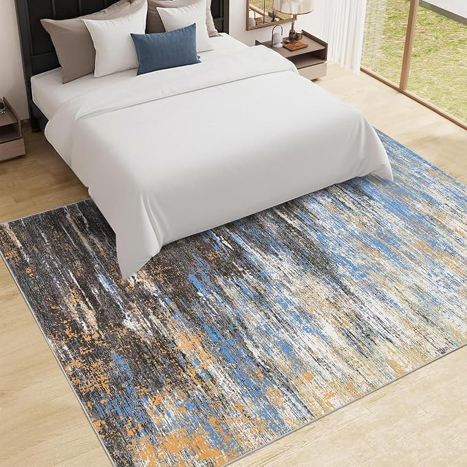 ROYHOME Washable Rug 5x7 Abstract Area Rug for Living Room, Non Slip Foldable Soft Rugs for Bedroom, Stain Resistant Rugs Modern Fuzzy Rug, Indoor Floor Carpet for Entryway Home, Blue/Brown
