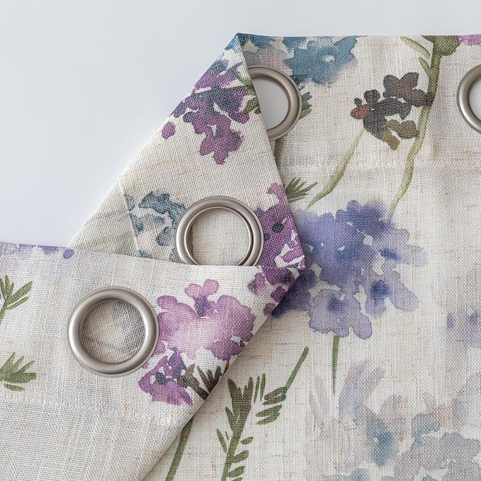 MYSKY HOME Floor to Ceiling Linen Floral Curtains 108 Inch Length 2 Panels Semi Sheer Light Filtering Farmhouse Flower Printed Window Grommet Drapes for Dining Room, 52" W Each Panel, Purple