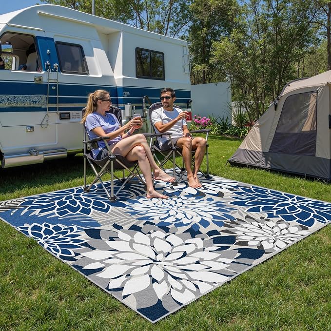 9x12 Outdoor Area Rug Washable Multicolored Patio Rug Tropical Botanical Floral Chenille Waterproof Outdoor Carpet Non-Slip for Deck, Backyard, Porch, Blue