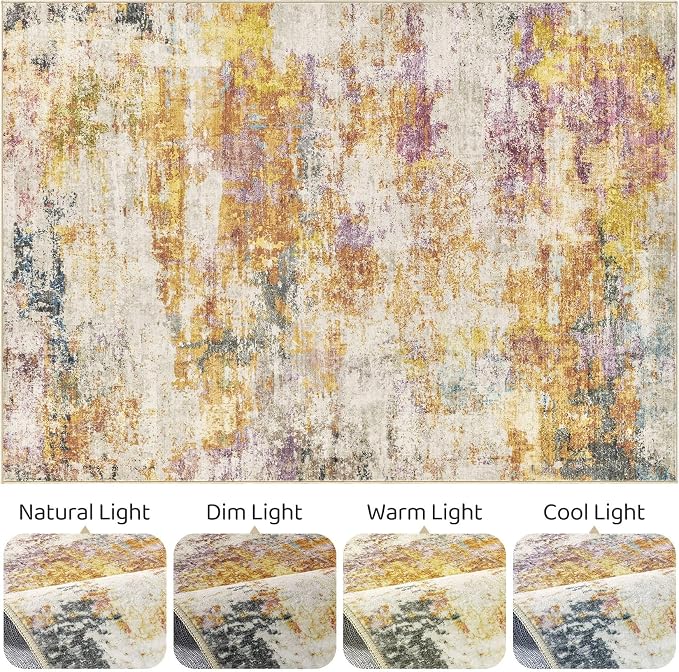 4x6 Area Rug Living Room: Machine Washable Large Abstract Modern Soft Rug Stain Resistant Indoor Floor Non-Slip Accent Carpet for Bedroom Nursery Playroom Office Dining Room Dorm- Gold Colorful
