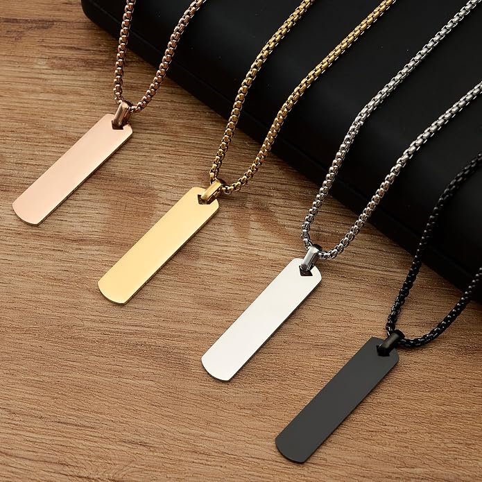 Fathers Day Personalized Vertical Bar Pendant Necklace - Custom Name Text Necklace Customized Stainless Steel Memorial Necklace Dad Gifts for Men