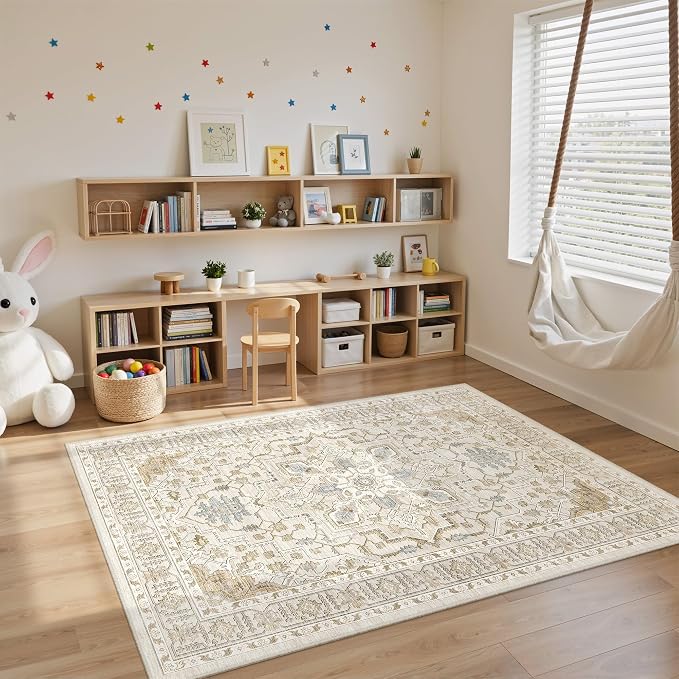Area Rugs for Living Room - 3x5, Boho Non-Slip Low Pile Carpet Machine Washable Rugs for Bedroom Office, Dining Room (Beige)
