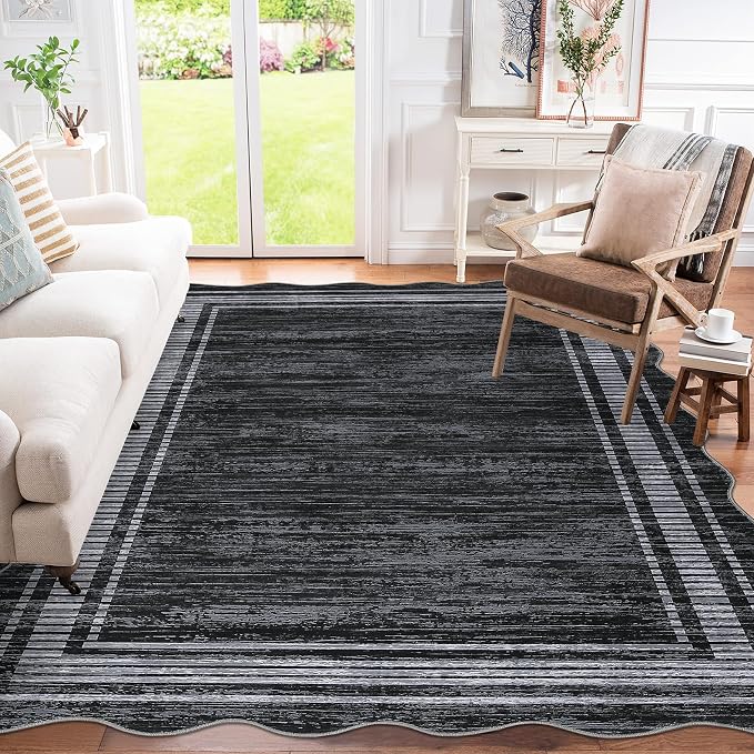 Garvee Scalloped Modern Abstract Area Rug 9x12 Large Washable Rug for Living Room, Non-Slip Soft Carpet for Bedroom, Scalloped Low-Pile Solid Print Accent Rug for Dining Room Home Office, Black | Girls Rug for Bedroom, Non-Slip Soft Carpet for Bedroom,...