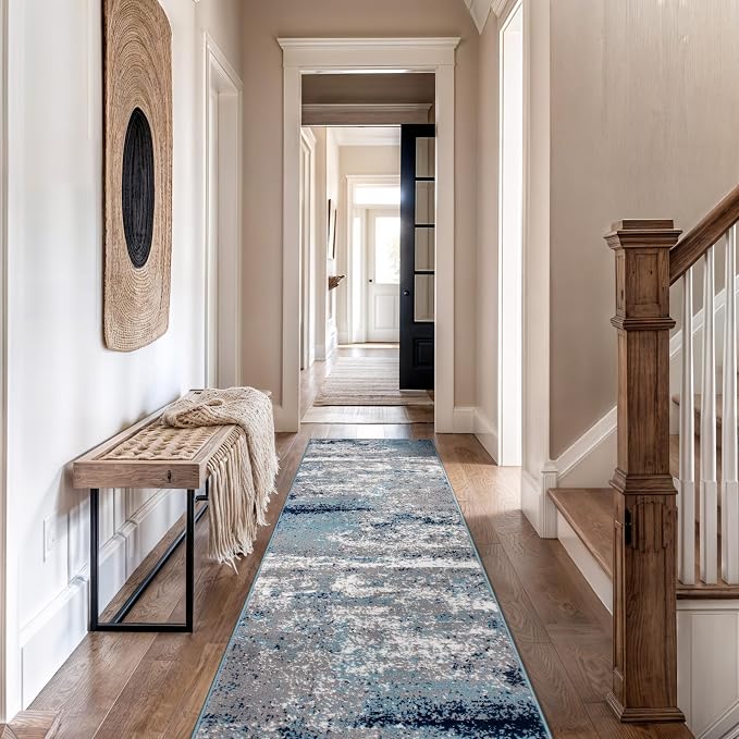 Rugshop Watercolor Distressed Modern Bohemian Runner Rug Blue 2'7" x 12'