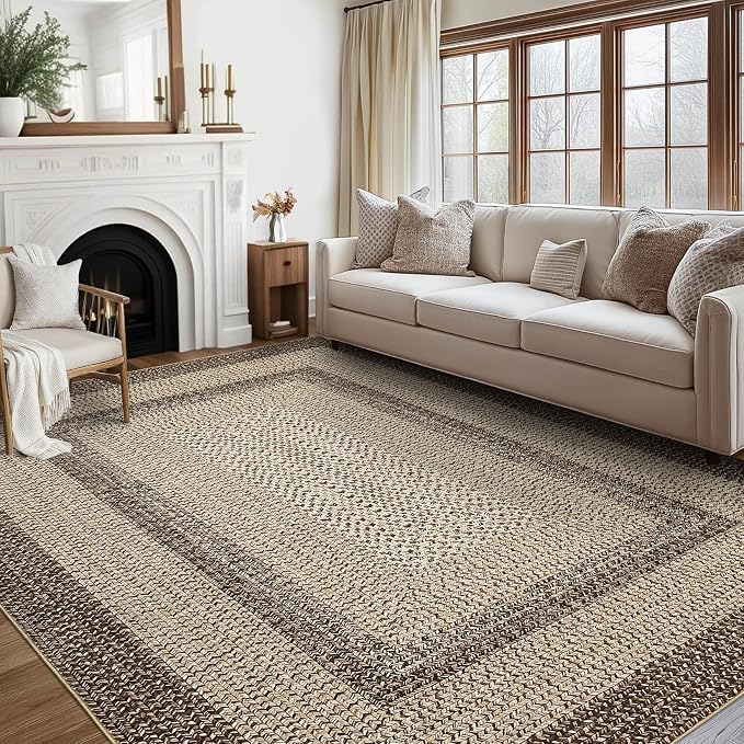 Large Bedroom Rug 6x9 Machine Washable Rug Braided Print Boho Throw Floor Cover Farmhouse Rustic Dining Room Carpet Geometric Bordered Braided Carpet for Living Room Home Office, Camel