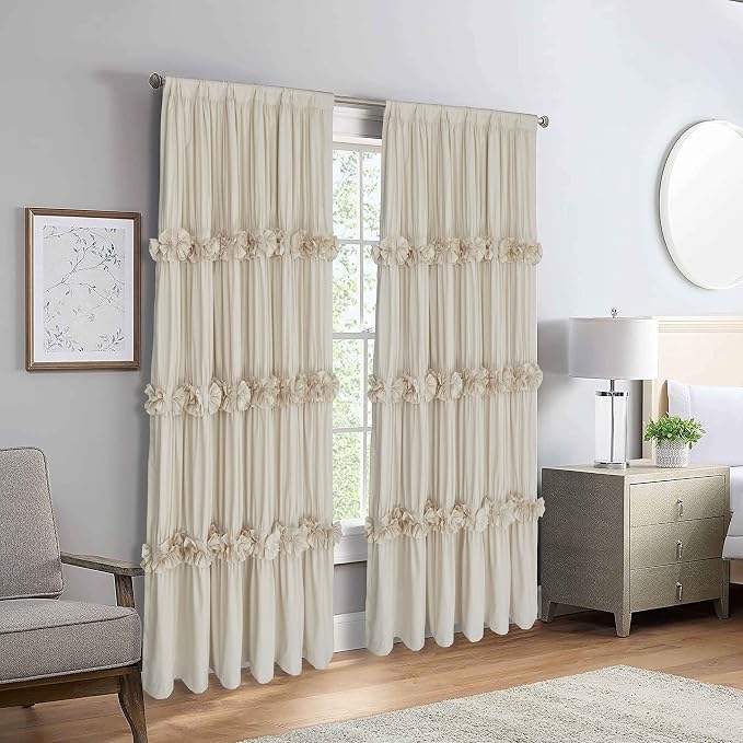 Homechoice Decor Thermal Insulated Window Curtains, 54" W x 84" L (Pair) | Camel Boho Ruched Blackout Window Treatments with 3 Rows of Butterfly Flowers, Rustic Rod Pocket Drapes for Room (LQ-30)
