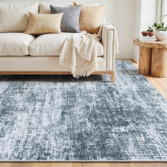 10x12 Area Rugs Washable Rug: Anti-Skid Abstract Modern Living Room Rug Soft Thin Carpets Indoor Floor Non-Shedding Carpet for Bedroom Dining Nursery Home Office (Light Slate Blue/White,10'x12')