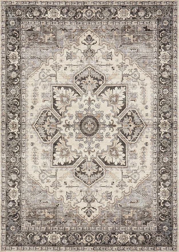 Area Rug for Living Room - 9x12 Soft Machine Washable Oriental Vintage Floral Distressed Large Indoor Floor Carpet for Bedroom Under Dining Table Home Office Decor - Grey Brown