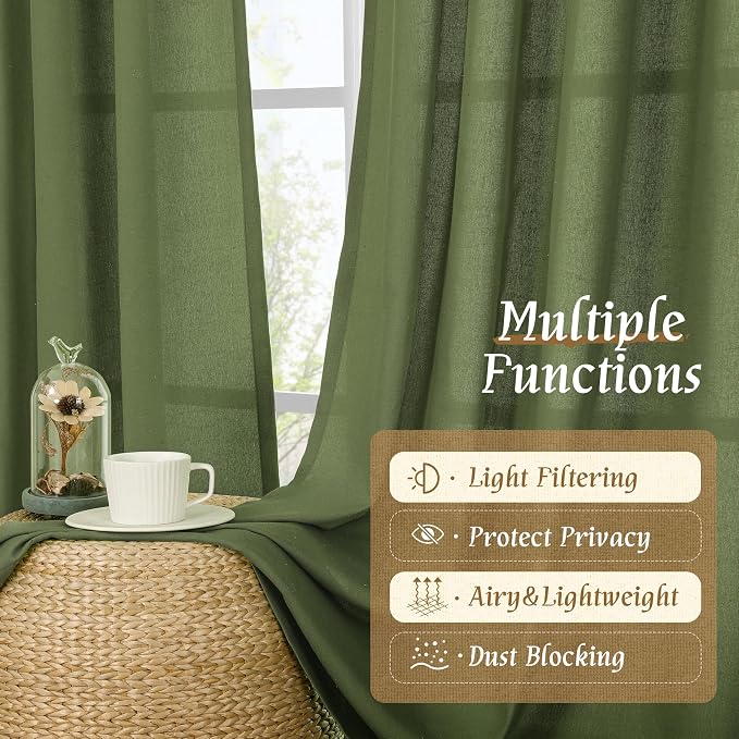 LAMIT Faux Linen Curtains 63 inches Long for Bedroom, Rod Pocket Thick Linen Drapes Light Filtering Privacy Window Christmas Decor Curtains for Living Room, 2 Panels (52 x 63 Inch, Olive Green)